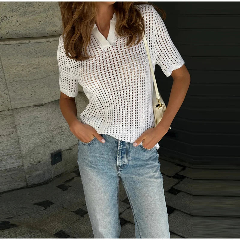 Casual Hollow Out Knit V Neck Pullover Sweater for Women