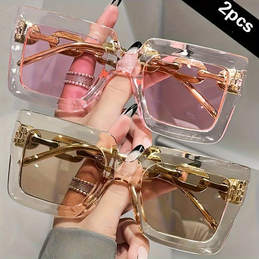 2pcs Luxury Oversized Fashion Sunglasses for Women - Large Square Frame with Anti-Glare Lenses, Golden & Rose Golden Accents