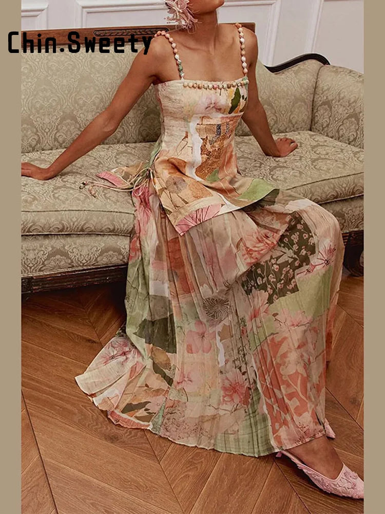 Long Printed Patchwork A-line Beaded Sleeveless Backless Dress for Women