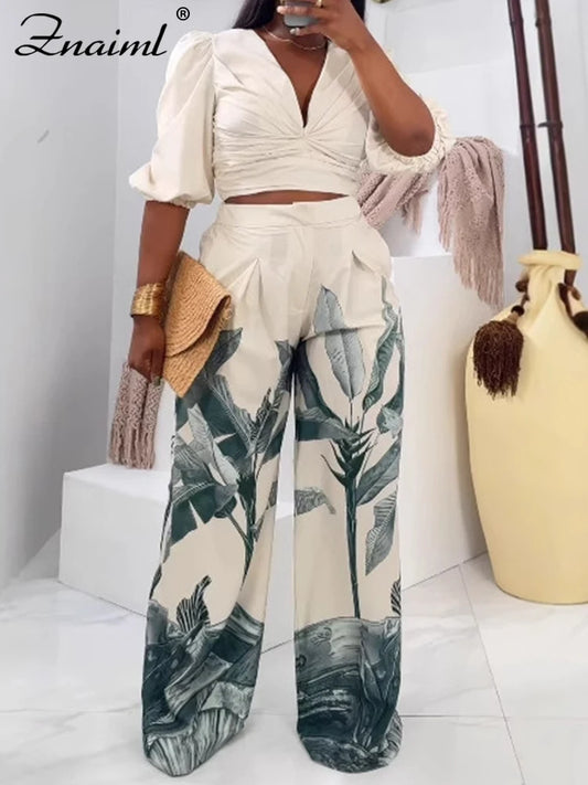 Znaiml Elegant Print Two 2 Piece Pants Sets Women Lantern Half Sleeve V-neck Ruched Crop Top and Wide Leg Pants Birhtday Outfits