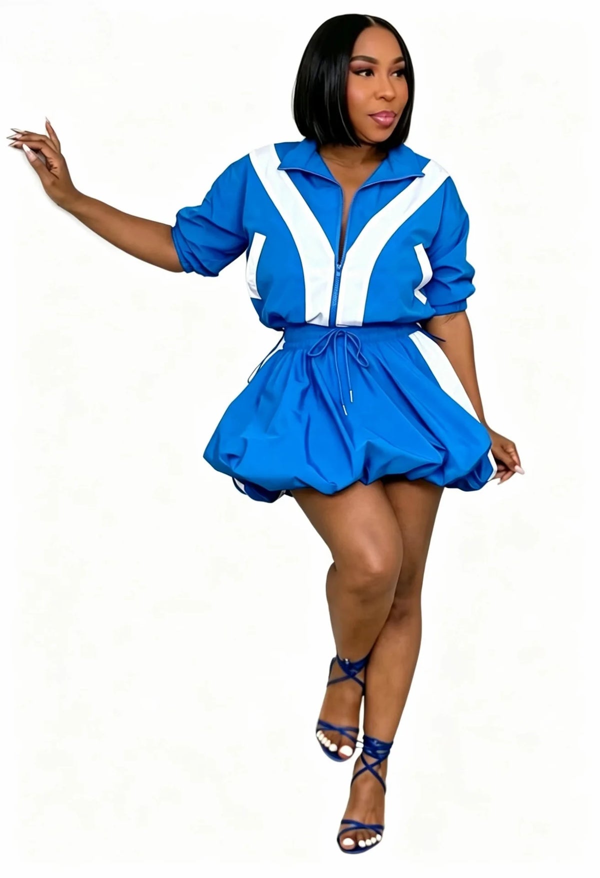 Short Sleeve Zipper Top and Mini Skirt Matching Set for Women