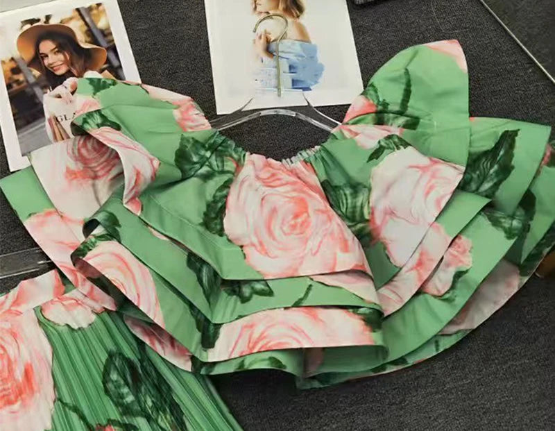 Printed Top And Pleated Skirt Set