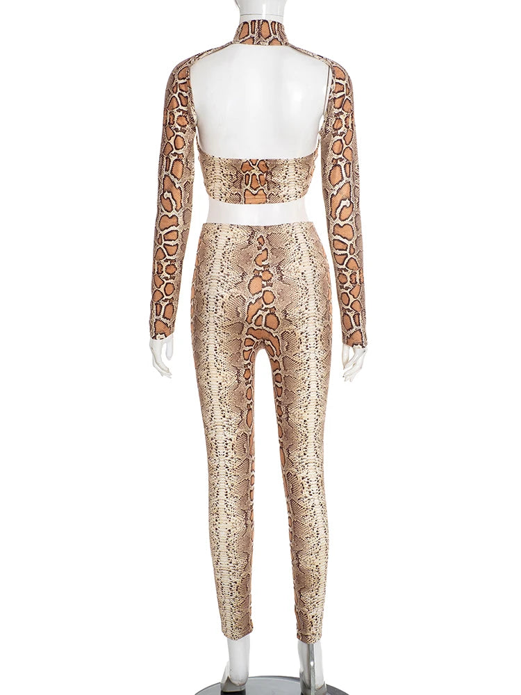 Snake Print Backless Crop Top and Leggings Two-Piece Set for Women