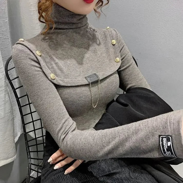 Elegant Button Detail Knit Turtleneck Sweater For Women