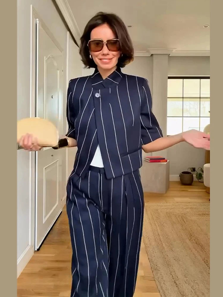 Elegant Striped Two Piece Coat and Pants Set for Women