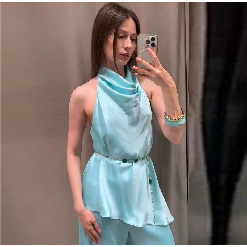 Turquoise Satin Cowl Neck Halter Top And Wide Leg Pants 2 Piece Set For Women