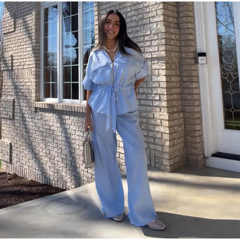 Casual Solid Chic Coat And Wide Leg Trouser Set for Women