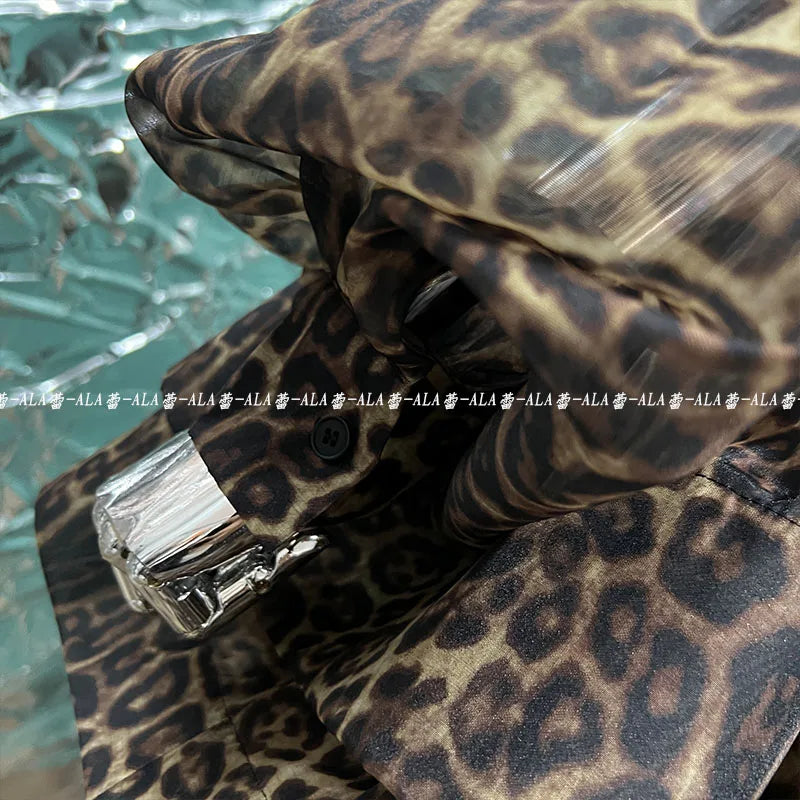 Spring Popular Retro Classic Leopard Pattern Single-Breasted Lantern Sleeve Shirt Layered Dress Puffy Cinched Short Dress Female