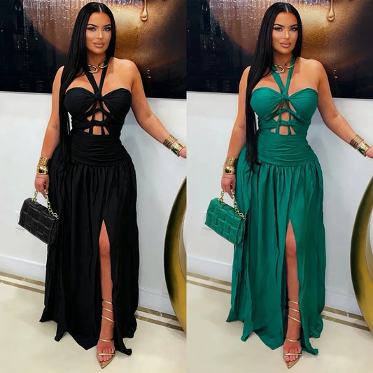 Elegant Halter Satin Bandage Maxi Evening Dress for Women
