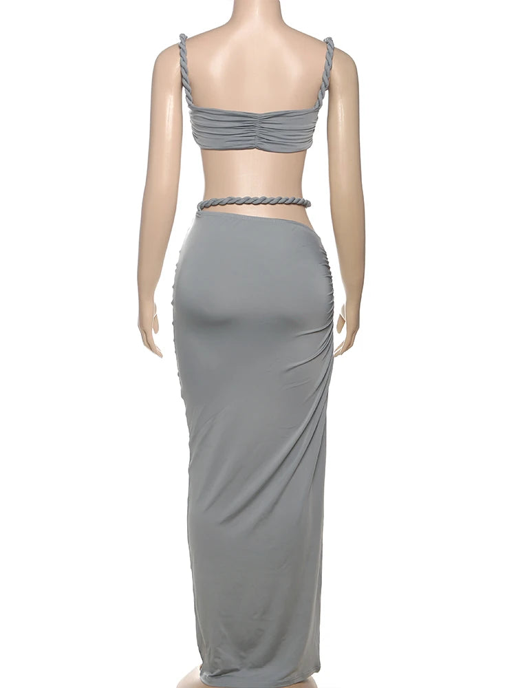 Woven Pleated Crop Top and Maxi Skirt Two Piece Set for Women