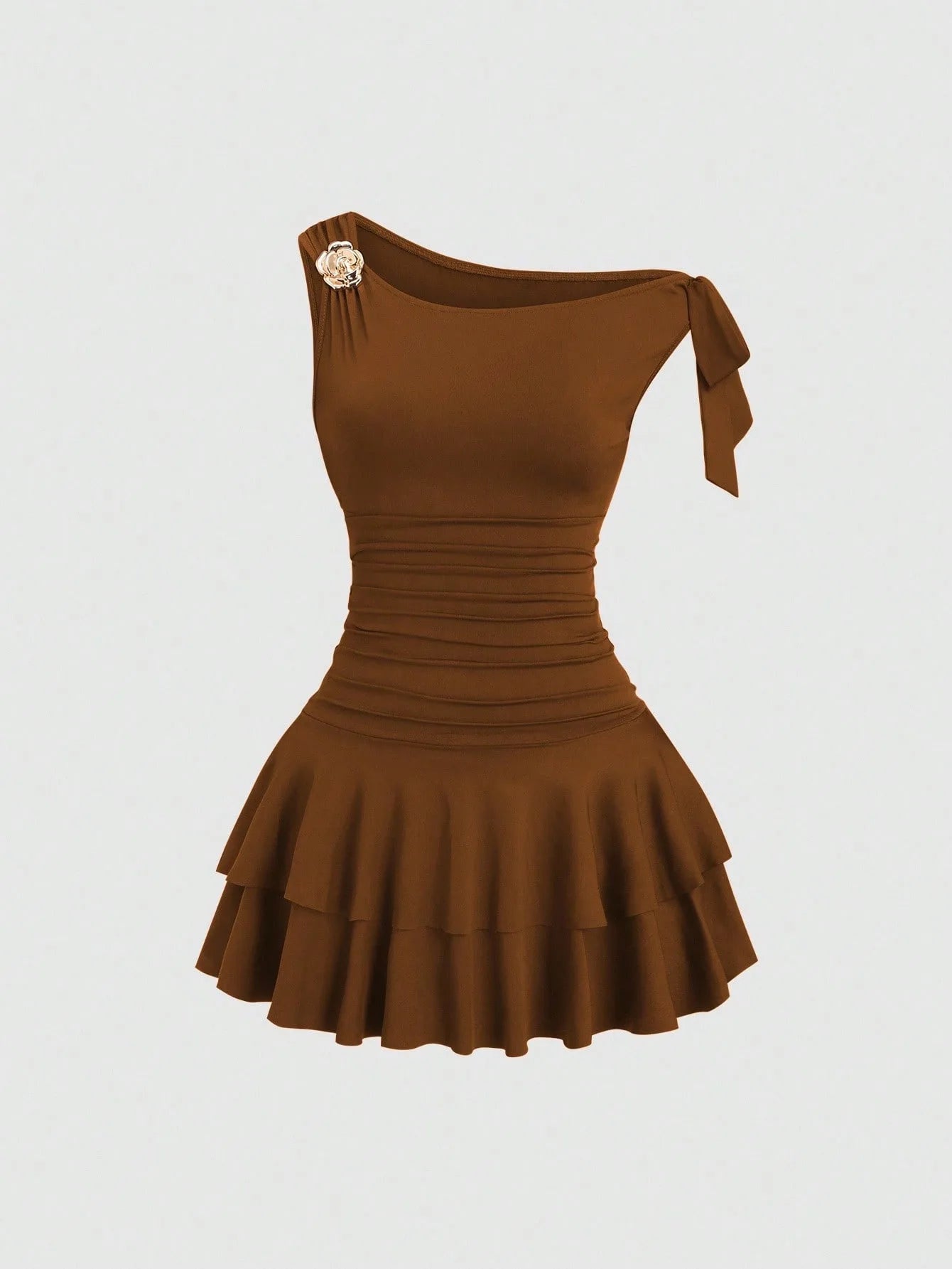 One Shoulder Layered Ruched Floral Mini Dress for Women