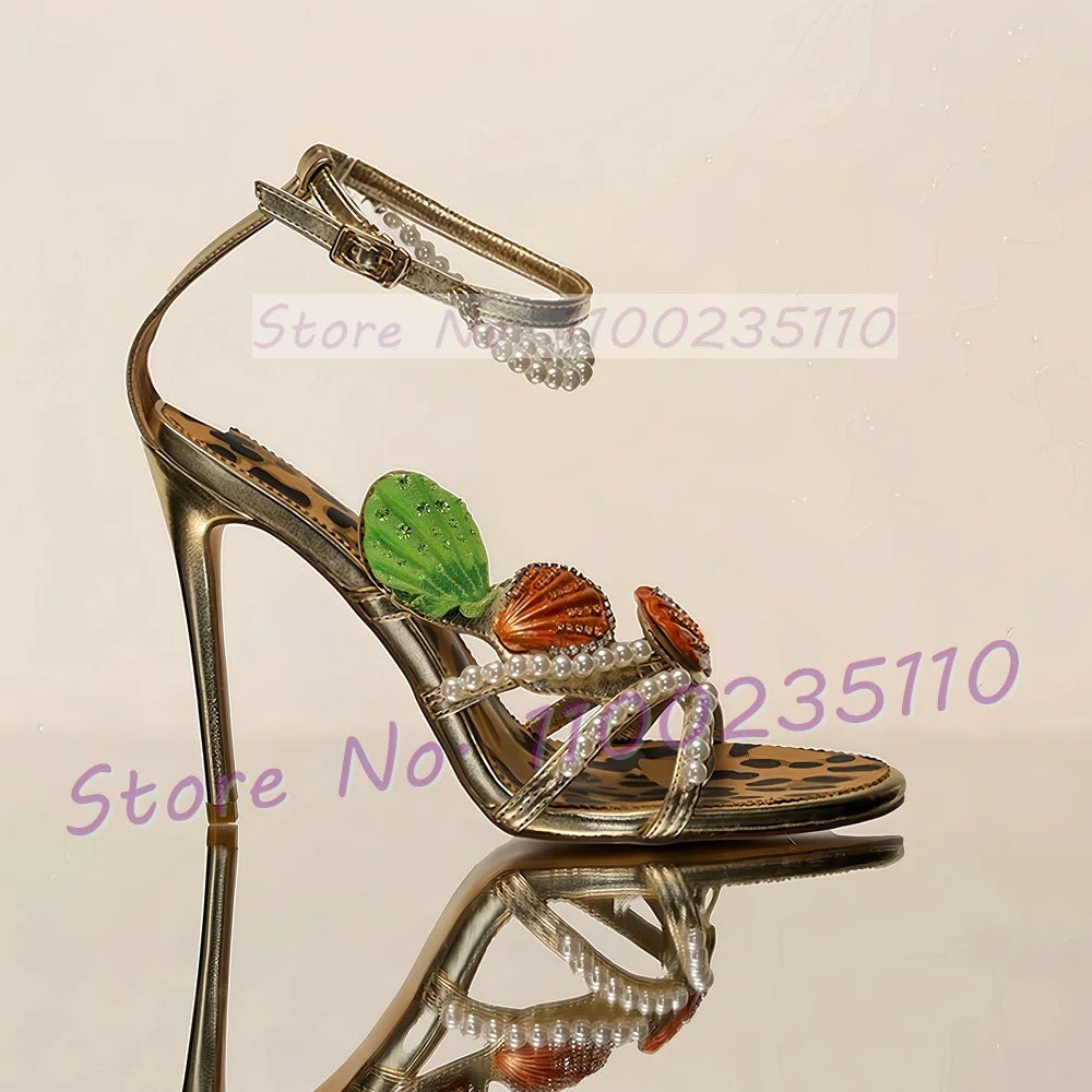 Light Gold Metallic Pearl Strap Sandals For Women