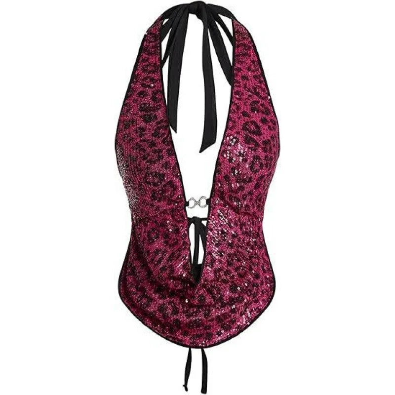 Sequin Snake Print Open Back Sleeveless Halter Top for Women