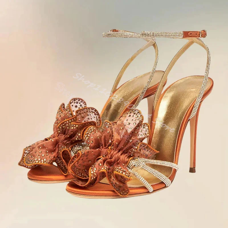Gold Crystal Mesh Flower Open Toe With Ankle Buckle Sandals for Women