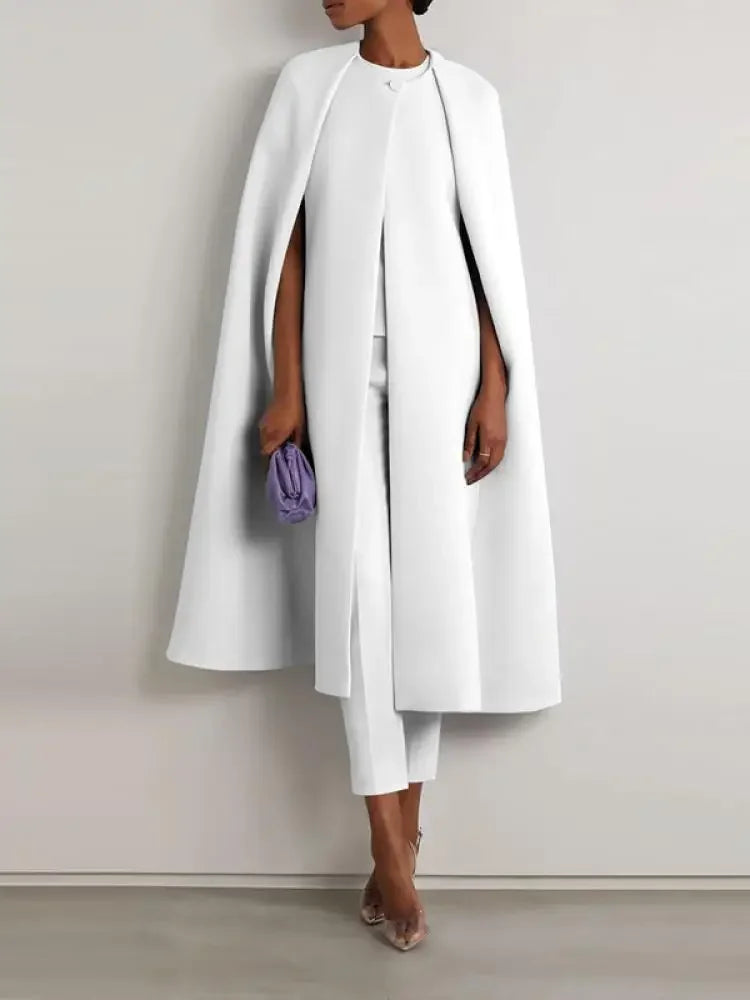 Elegant Solid Color Cape Coat High Waist Pants Two Piece Set For Women