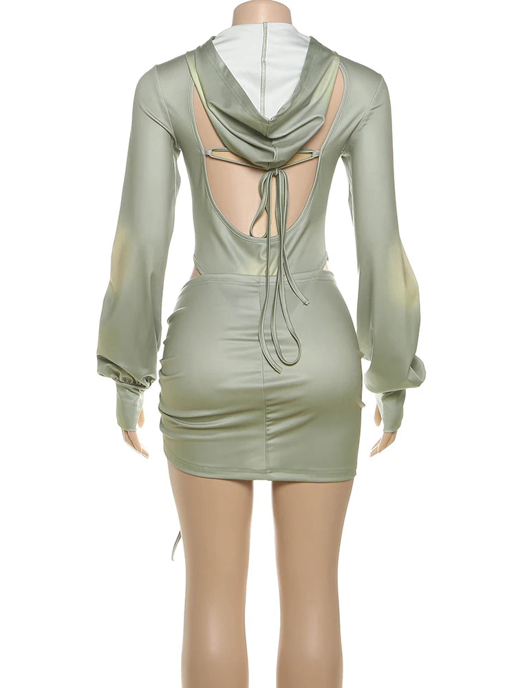 Sisterlinda Sexy Fashion 2 Piece Set Woman Tie-Dye Design Backless Hooded Bodysuits+Shirring Ruched Skirts Midnight Club Outfits