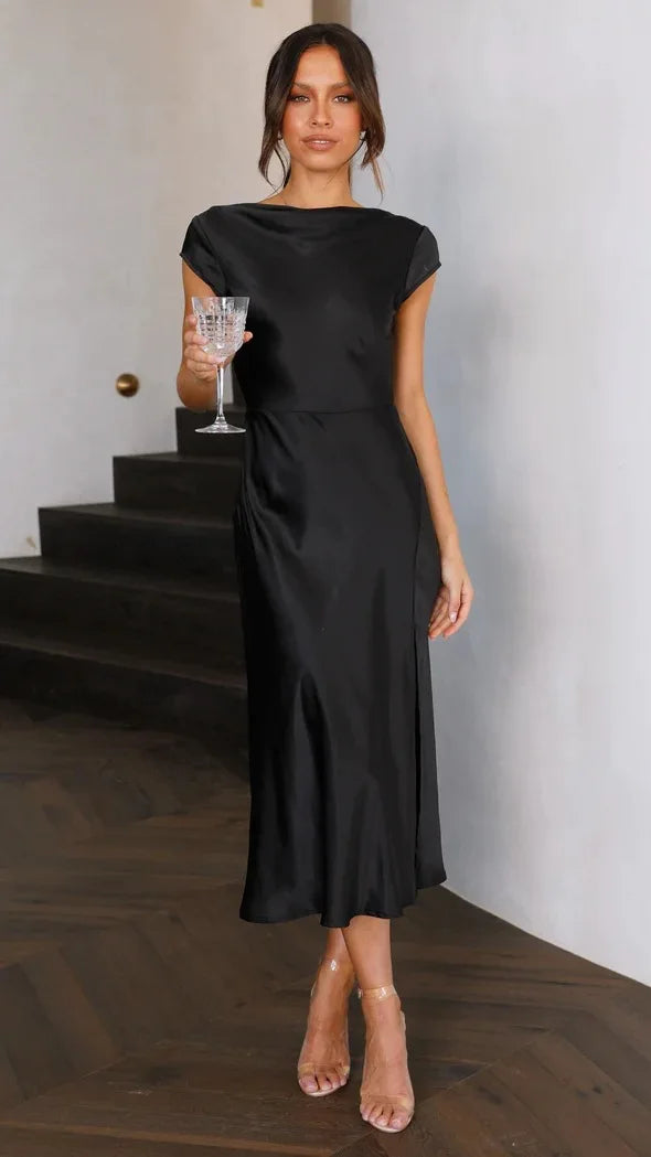 Elegant Solid Color Satin Slim Backless Slit Dress for Women