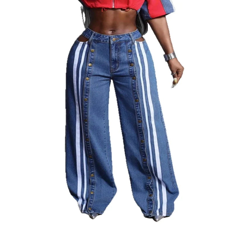 ANJY Spring Autumn New Women Streetwear Fashion Buttons Slit Striped Color Block Jeans Stylish Loose Wide-Leg Denim Pants A23331