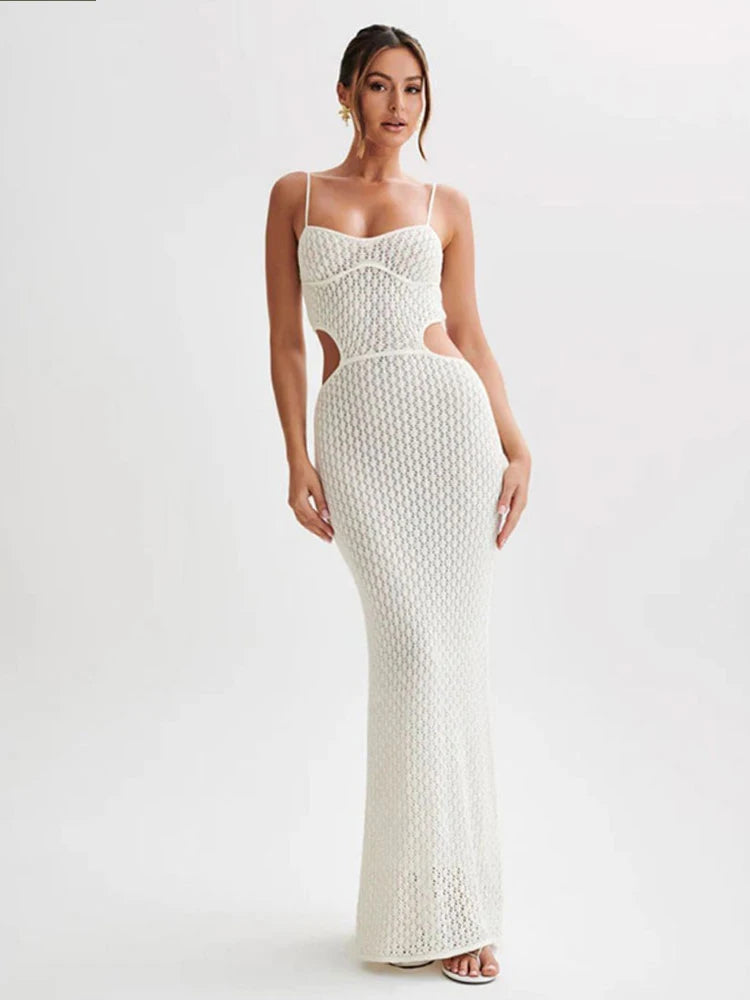2024 Sexy See-through V Neck Cut Out Knit Beach Maxi Dress Summer Women's Holiday Elegant Outfit Swimsuit Cover Up Tunic A3094