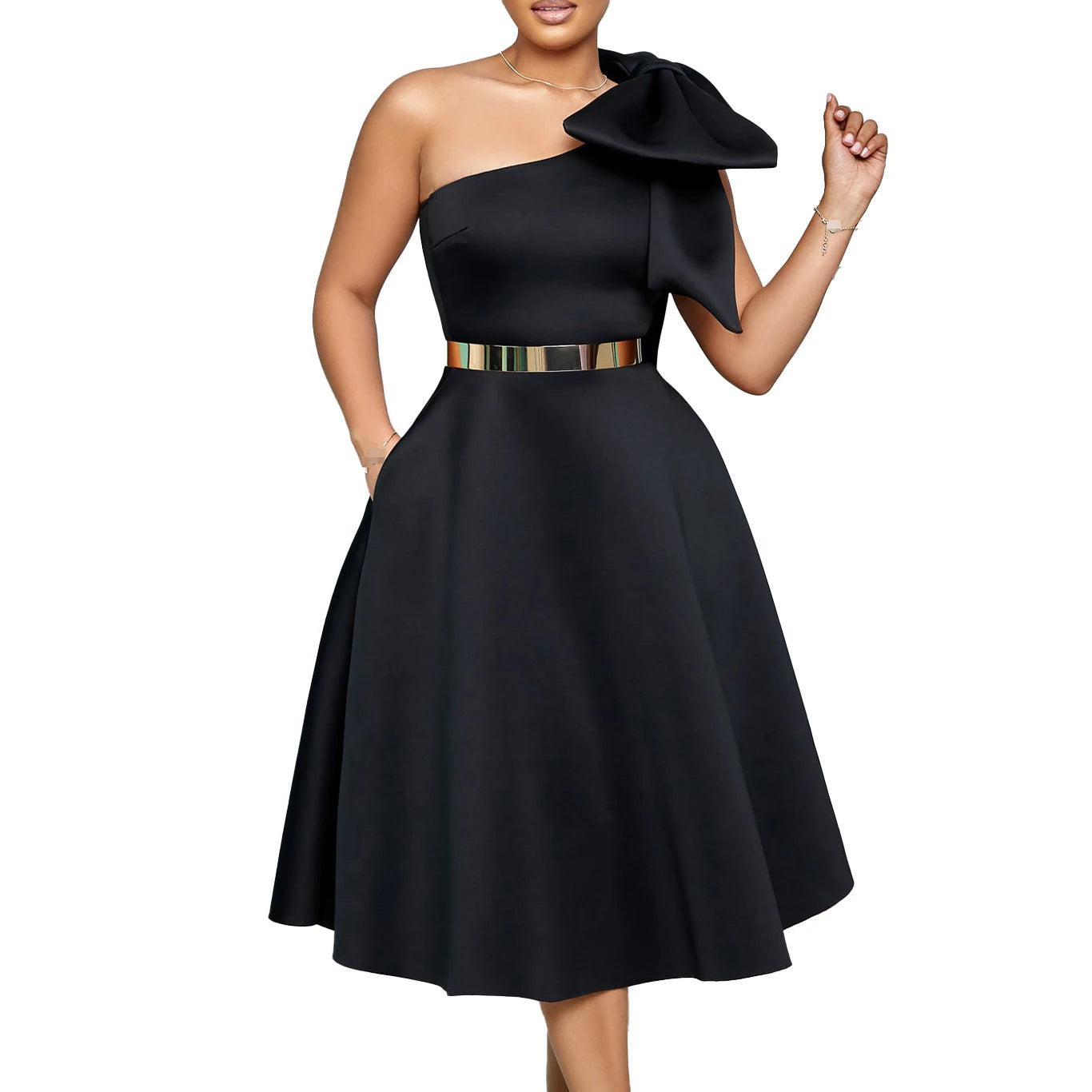 Dress One Shoulder A Line Pleated Knee Length Sleeveless Bow Belt Elegant Party Style
