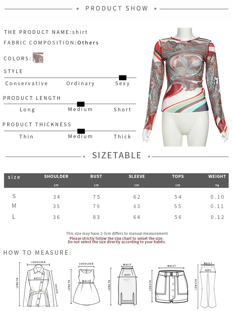 Weird Puss Colorful Print Women Crop Tops See Through 2025 Spring Full Sleeve Stretch Wild Basic Streetwear Hipster Skinny Tops