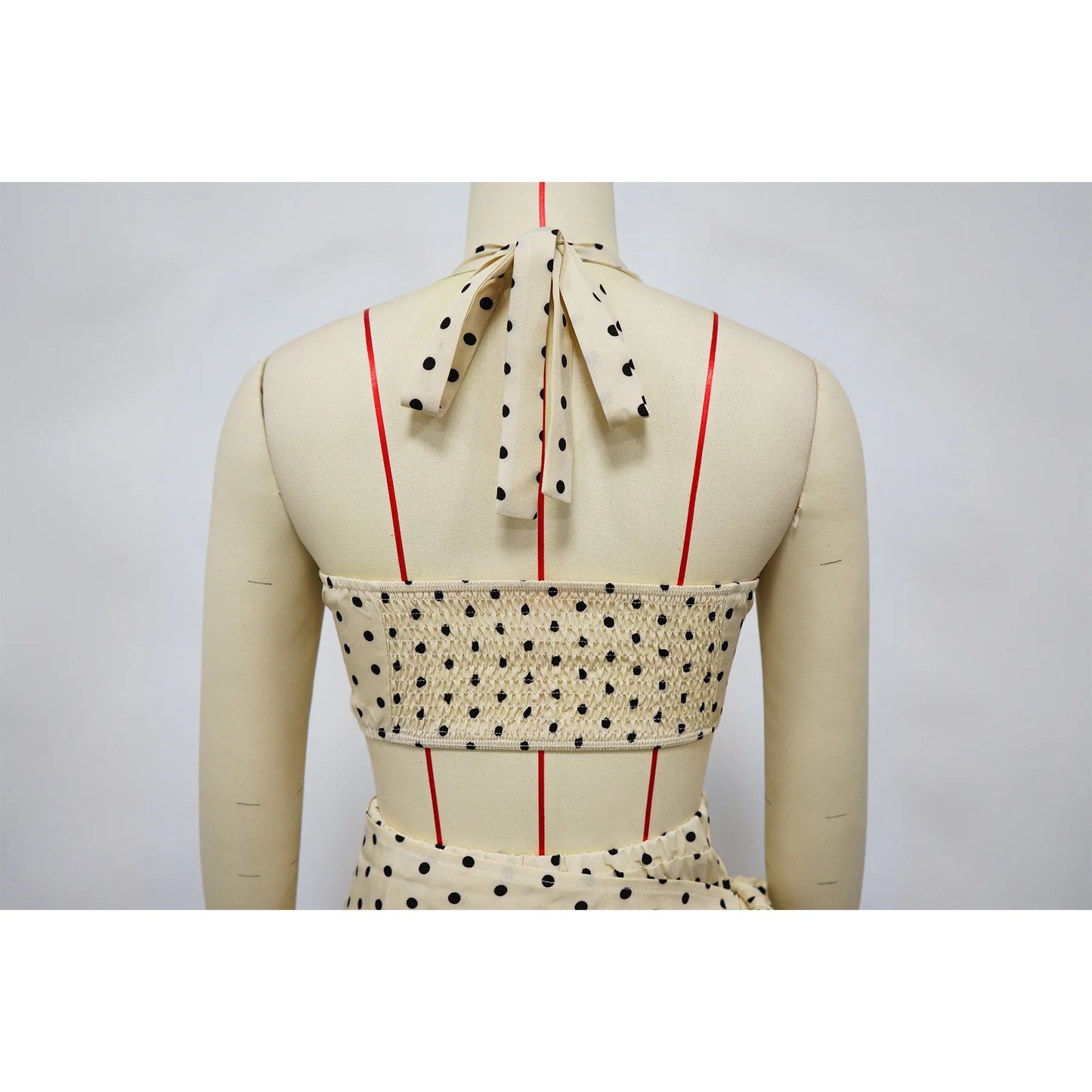 Polka Dot Print Halter Crop Top Tassel Fringe Two Piece Outfit for Women
