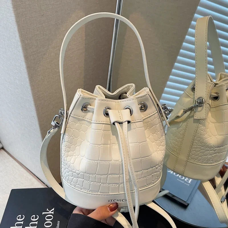 2025 New Trendy Women's Drawstring Tote Bag - Vintage Stone Texture Crossbody Satchel with Retro Minimalist Design