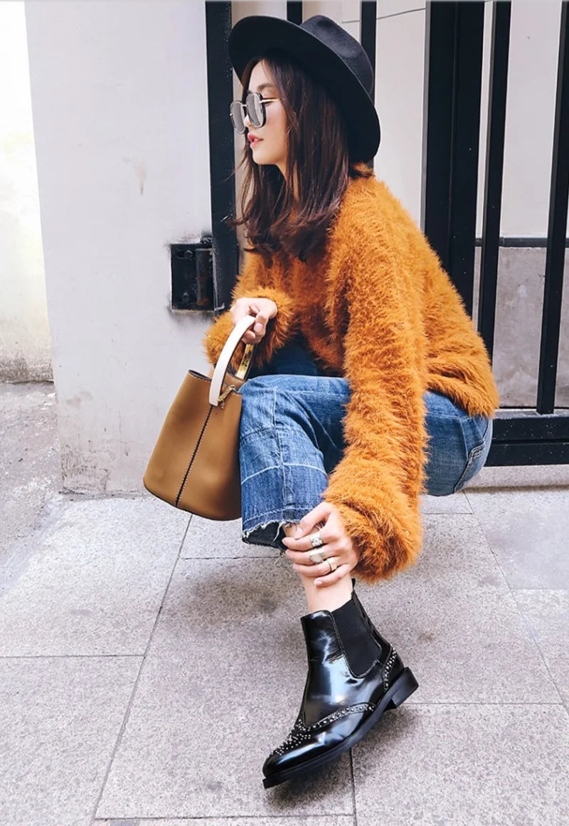Rivet Patent Leather Slip On Ankle Boots for Women