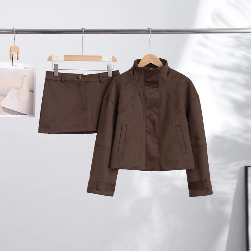 Vintage Suede Jacket and Mini Skirt Two Piece Set for Women