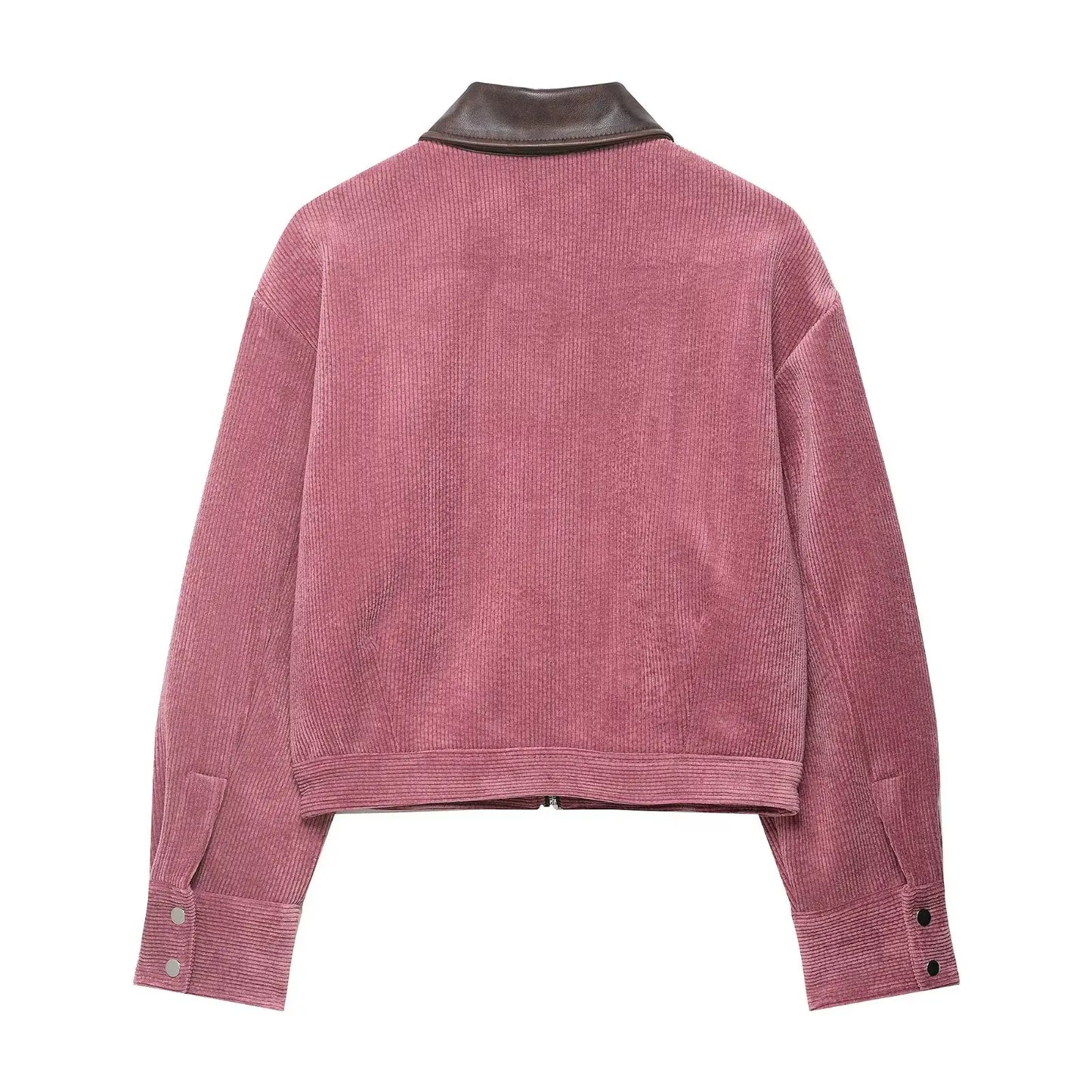 Pink Corduroy With Zipper And Pockets Long Sleeve Jacket for Women