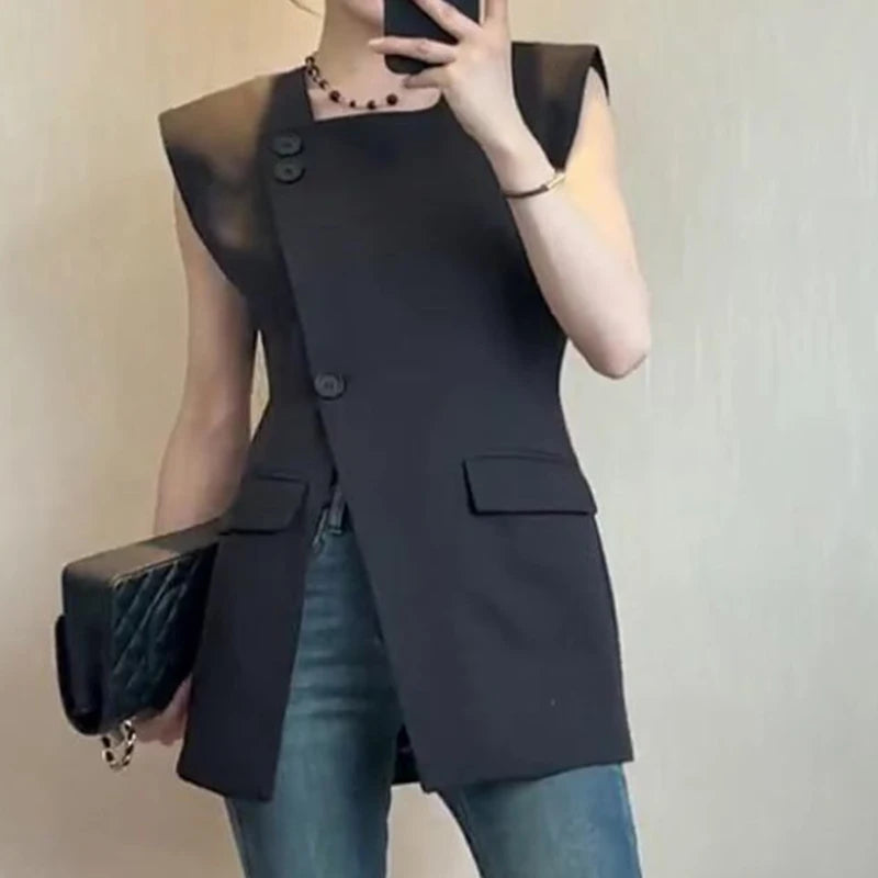 Black Button Front Split Sleeveless Vest For Women