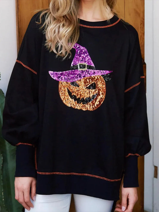 Halloween  Women'S Loose Sportswear Pumpkin Print Round Neck Long Sleeved Pullover Autumn and Winter Casual Pumpkin Hoodie Top