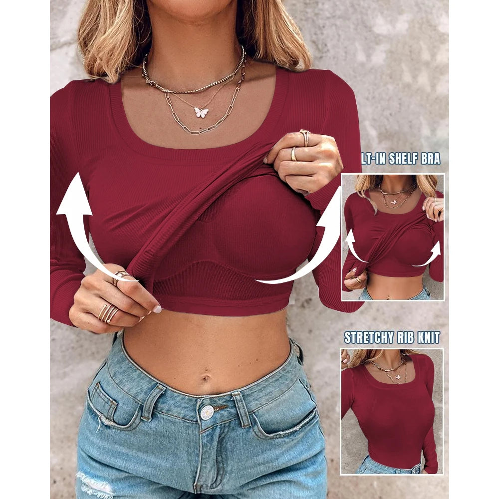 Autumn Spring Women U-Neck Built-in Bra Long Sleeve Ribbed Top Femme Skinny Casual Basic Easy Matching T-Shirts