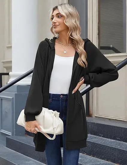 Solid Color Long Sleeve Zippered Hoodies For Women
