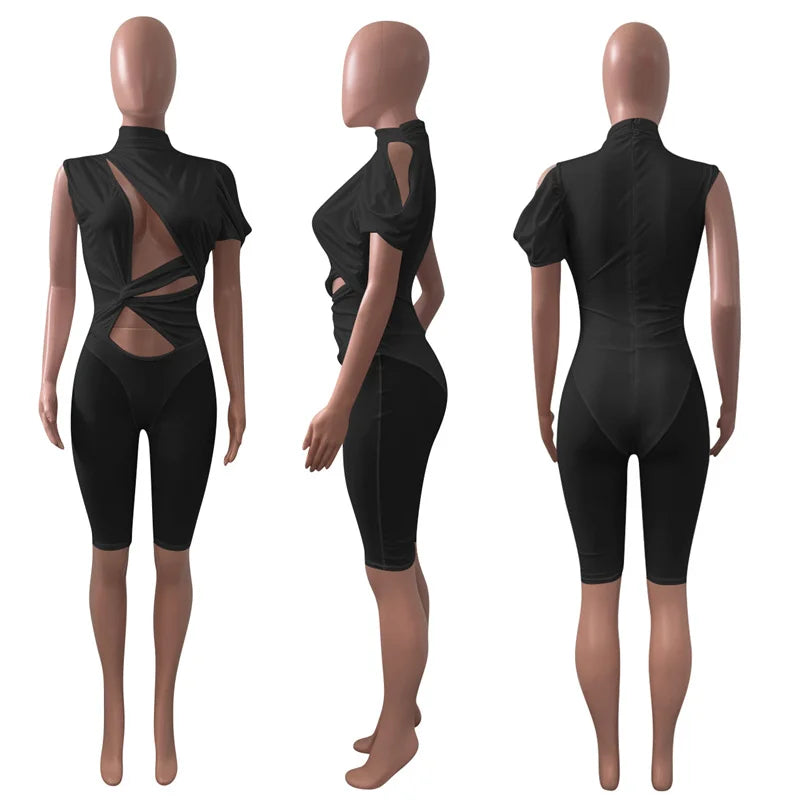 Sexy Mesh Patchwork See Through Skinny Playsuit Women One Shoulder Draped Hollow Out One Piece Rompers Party Club Jumpsuit Short