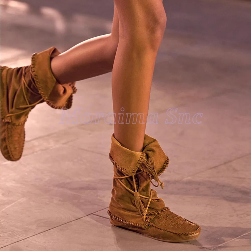 Fringe Cross Strap Suede Lace Up Ankle Boots For Women