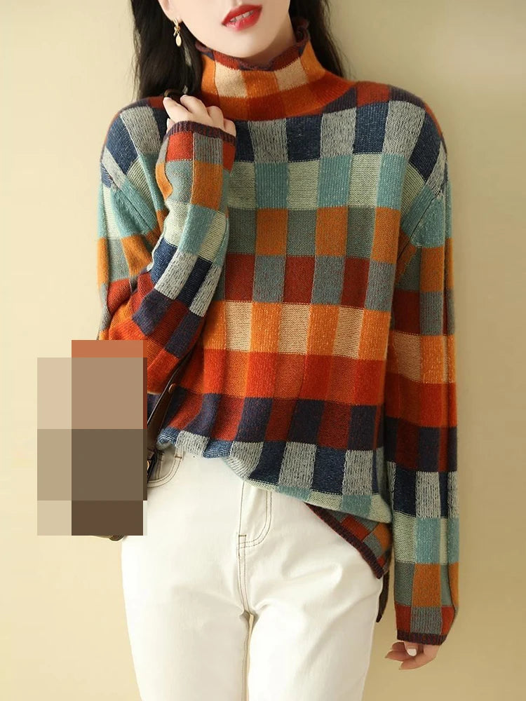 Cozy Thick Knit Turtleneck Sweater With Plaid Pattern For Women