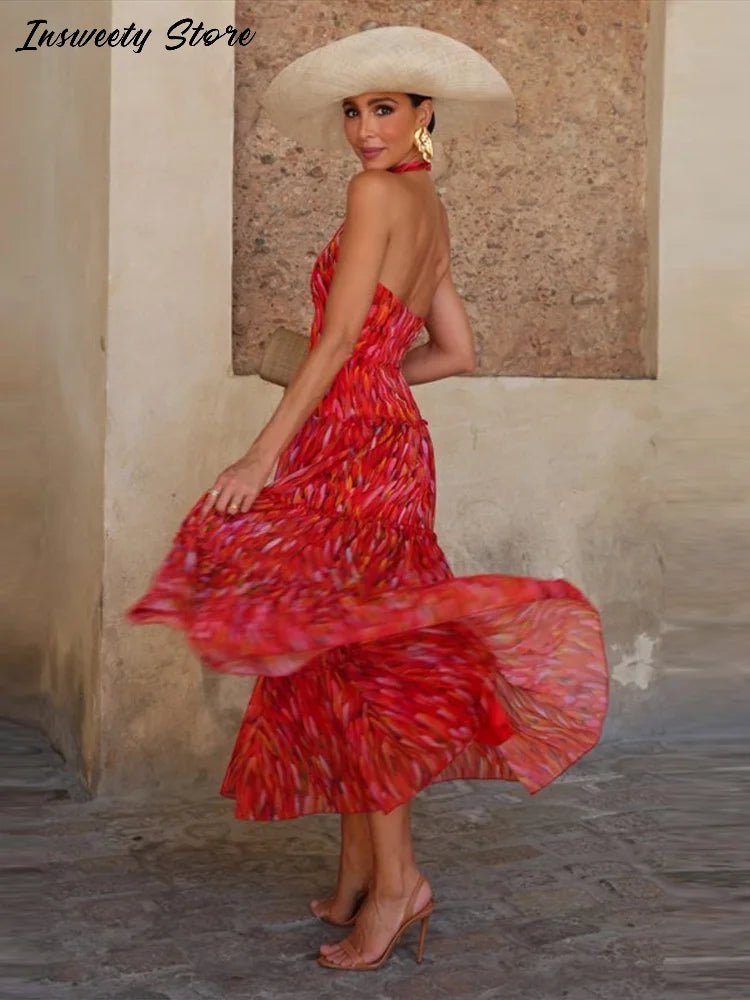 Printed Halter Neck Maxi Dress and Cropped Jacket Set for Women
