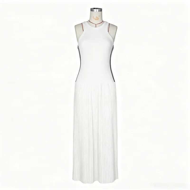 Side Striped Patchwork Pleated Sleeveless A Line Dress for Women