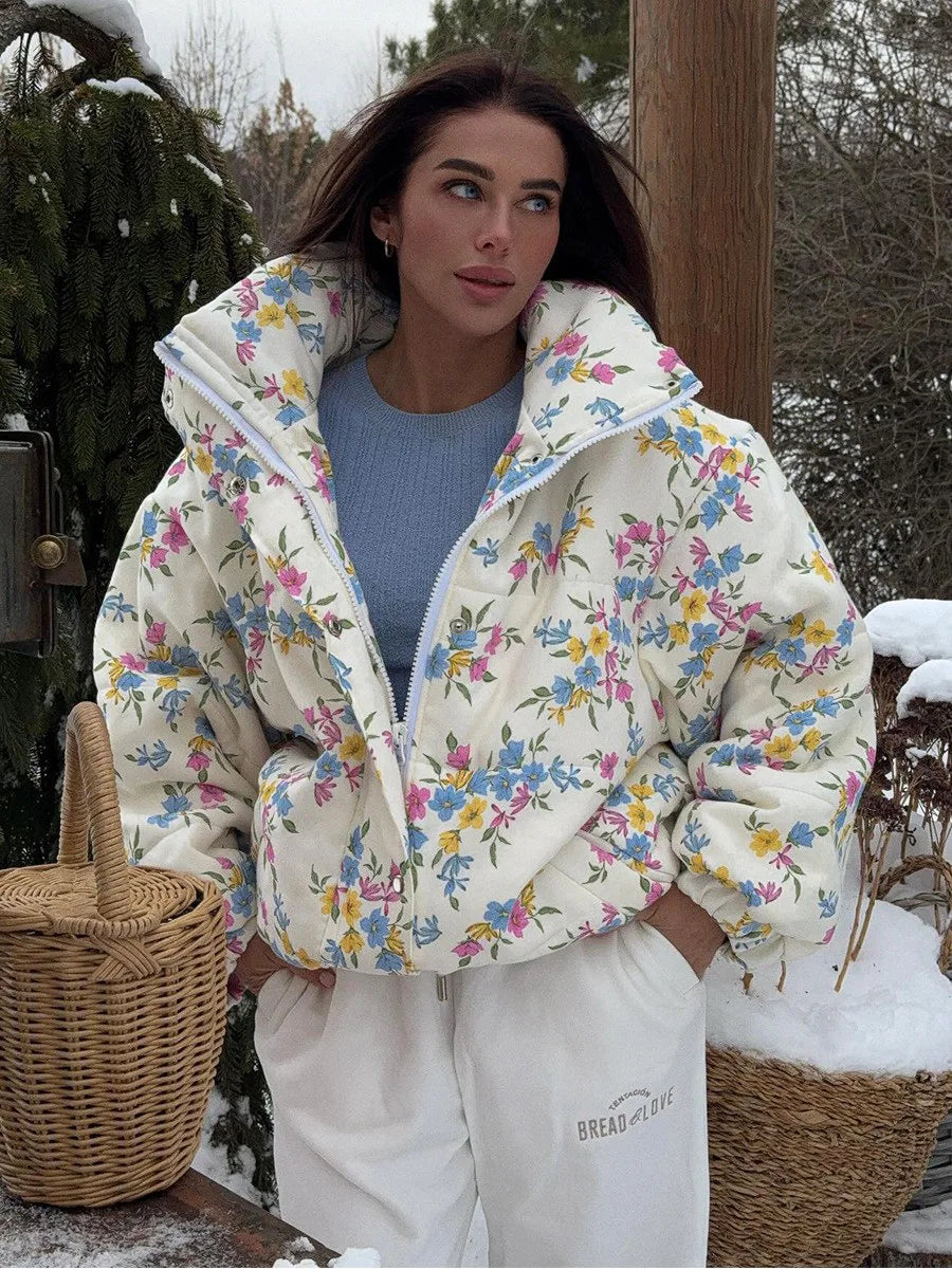 Floral Print Oversized Stand Collar Puffer Jacket For Women