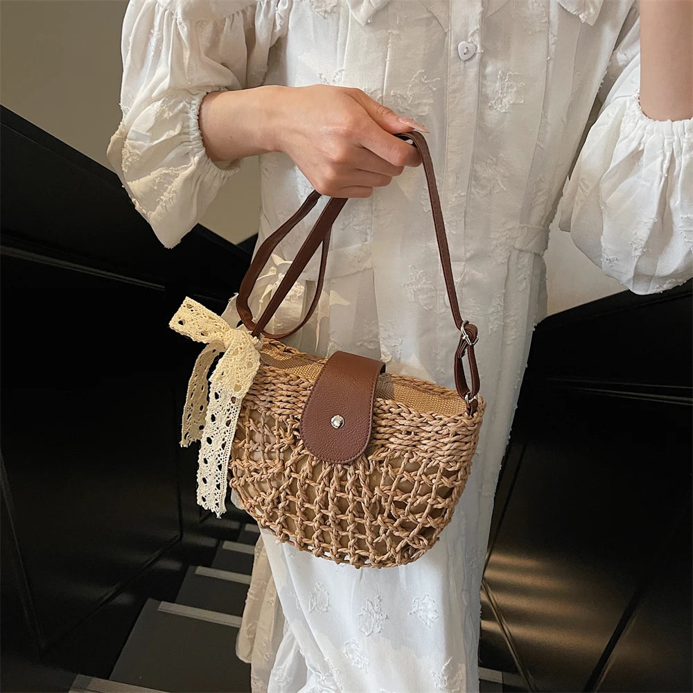 Straw Knitted Shoulder Bag With Bowknot Handmade for Women