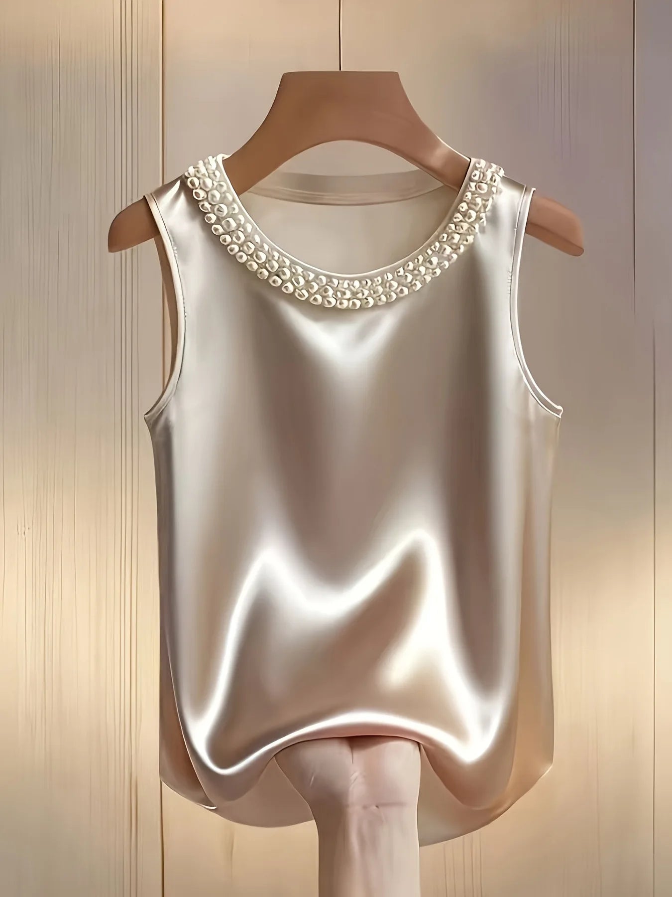 Loose Satin Beaded Pearl Decor Sleeveless Tank Top for Women