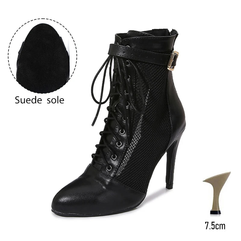 Black Mesh Latin Dance Booties With High Heels for Women