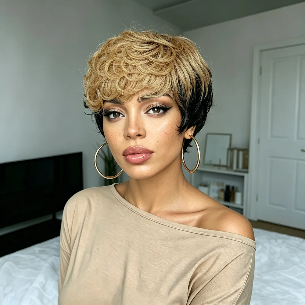 Kinky Curly Bob Wig With Bangs Black Champagne Human Hair For Women