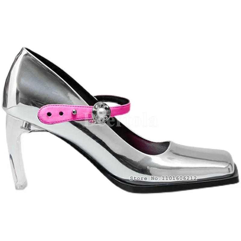 Silver Patent Leather Square Toe Mary Jane Pumps For Women