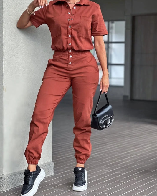 Women's Jumpsuit Summer 2025 Fashion Ankle Tied with A Lapel Pocket and Elastic Buttons At The Waist Short Sleeved Bodysuit Pant