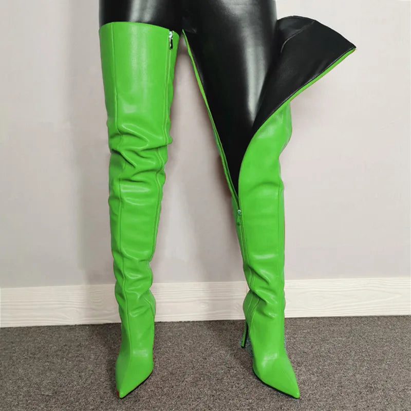 Fashion Leather Side Zipper Pointed Toe Stiletto Over The Knee Boots for Women
