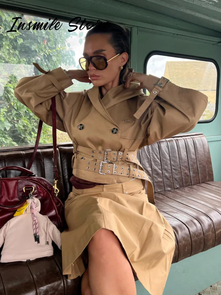 Khaki Cotton Blended Double Breasted Puff Sleeve Coat For Women