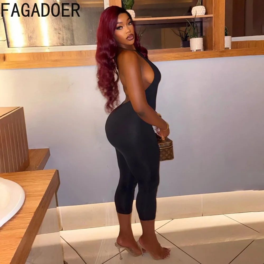 Sexy Solid Color Halter Sleeveless Backless Bodycon Jumpsuit for Women