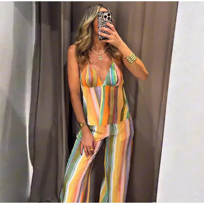 Cotton Striped High Waist Two Piece Summer Set For Women